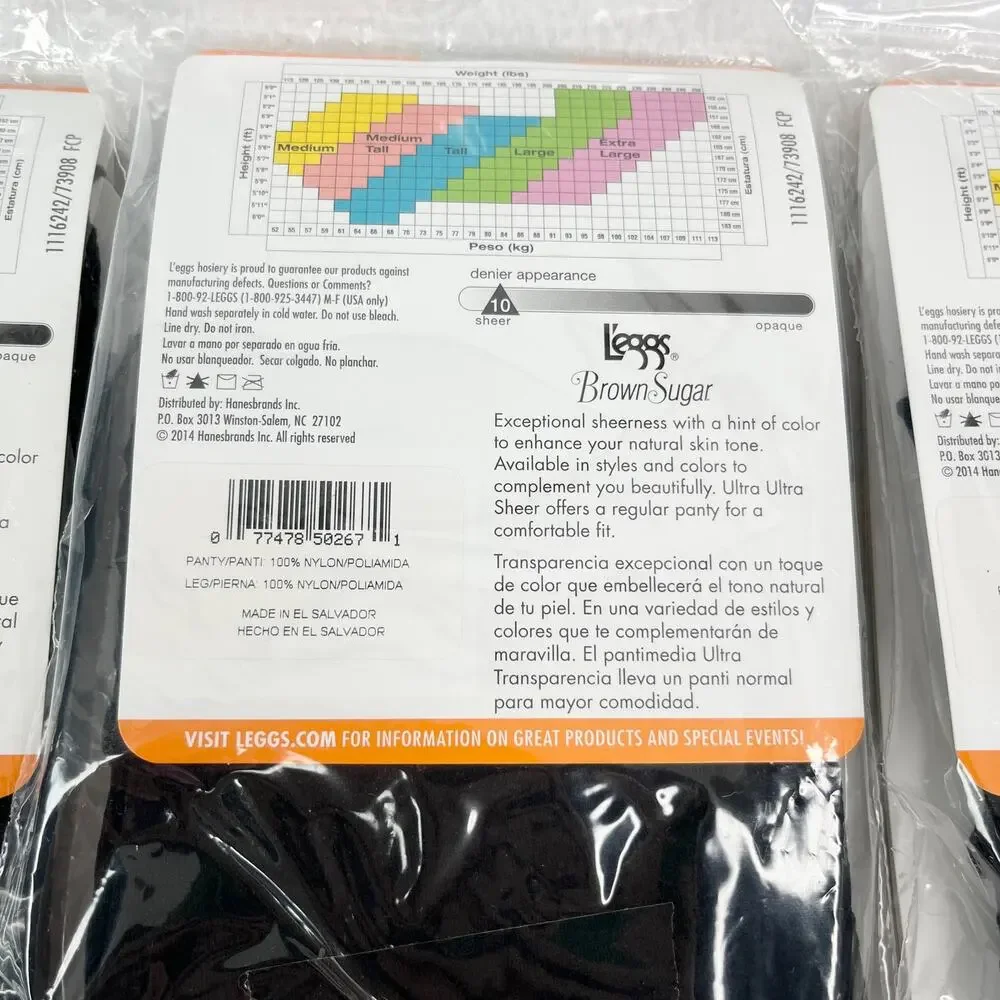 Lot of 3 L'eggs Brown Sugar Ultra Sheer Pantyhose M/T Black New
